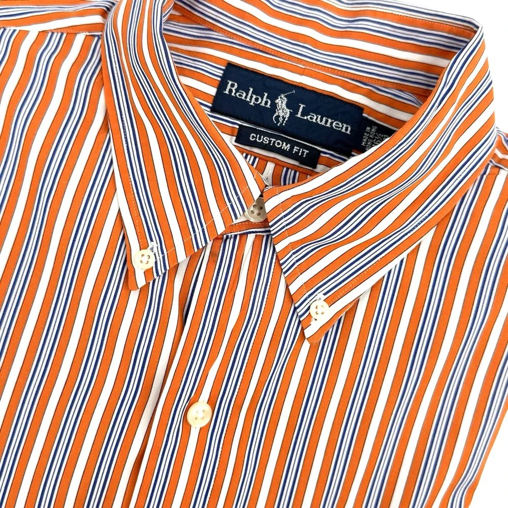 Ralph Lauren Shirt Men's L Custom Fit Long Sleeve Orange Blue Stripe Hong‎ Kong